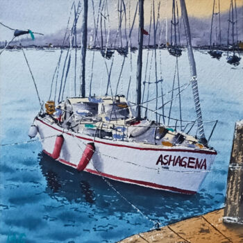 Peinture intitulée "Sailboat at the Pier" par Maya Galleas, Œuvre d'art originale, Aquarelle