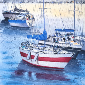 Schilderij getiteld "Peaceful Sailboats…" door Maya Galleas, Origineel Kunstwerk, Aquarel