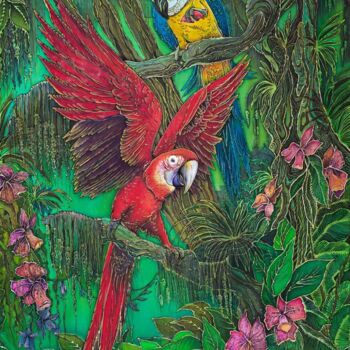 Textielkunst getiteld "Попугаи и Орхидеи" door Maya Veshnik, Origineel Kunstwerk, Stof
