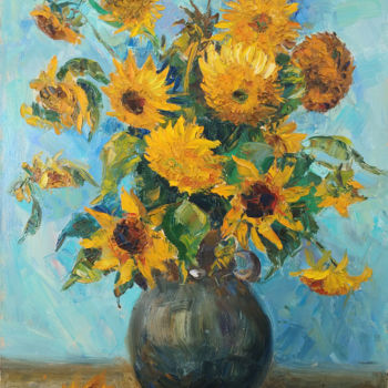 Painting titled "Sunny flowers" by Maya Kors, Original Artwork, Oil Mounted on Wood Stretcher frame
