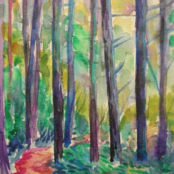 Painting titled "Red path in the woo…" by Maja Grecic, Original Artwork, Watercolor