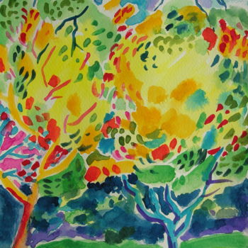 Schilderij getiteld "Yellow treetops" door Maja Grecic, Origineel Kunstwerk, Aquarel