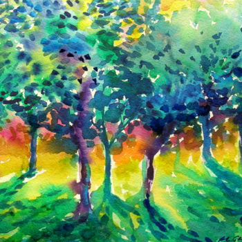 Peinture intitulée "Forest sunset" par Maja Grecic, Œuvre d'art originale, Aquarelle