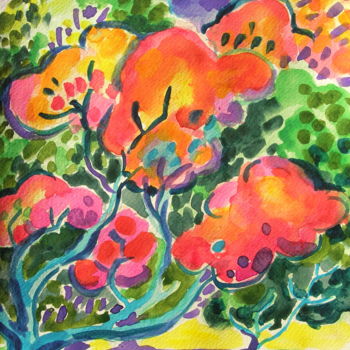 Painting titled "Red treetops" by Maja Grecic, Original Artwork, Watercolor