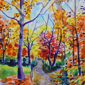 Картина под названием "Autumn path IV" - Maja Grecic, Подлинное произведение искусства, Акварель