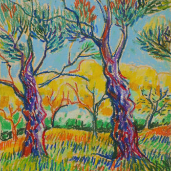 Tekening getiteld "Sunny olive orchard" door Maja Grecic, Origineel Kunstwerk, Pastel