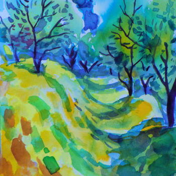 Peinture intitulée "Orchard on a slope" par Maja Grecic, Œuvre d'art originale, Aquarelle