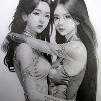 Drawing titled "Two Girlfriends." by Mayur Sharma Art, Original Artwork, Pencil