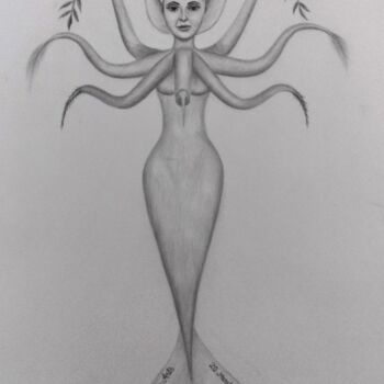 Drawing titled "Humo-octo-mermaid" by Mayur Sharma Art, Original Artwork, Graphite