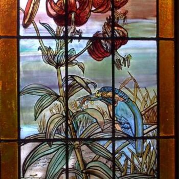 Painting titled "Le martin pêcheur" by Patricia Mazzeo, Original Artwork, Stained glass painting
