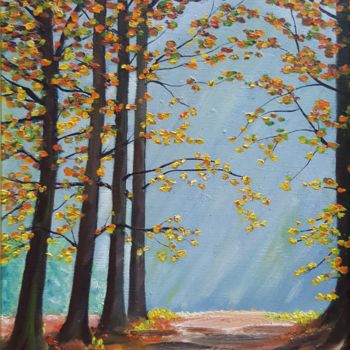 Painting titled "Automne en forêt" by Marie Baudry (Marylene), Original Artwork, Oil