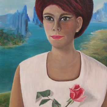 Painting titled "Femme à la Rose" by Marie Baudry (Marylene), Original Artwork, Oil