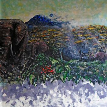 Malarstwo zatytułowany „Elephants In The Fo…” autorstwa Mbongeni, Oryginalna praca, Akryl