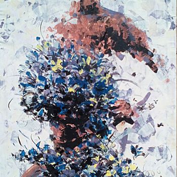 Peinture intitulée "Woman with Flowers" par Mbongeni, Œuvre d'art originale, Acrylique