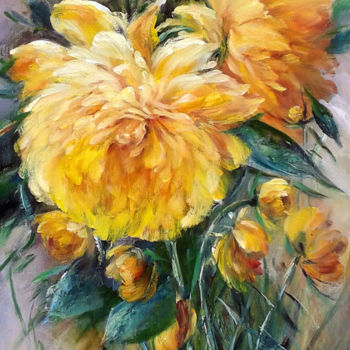 绘画 标题为“Les dahlias jaunes…” 由Chrispaint-Flowers, 原创艺术品, 油