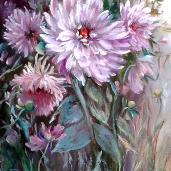 Painting titled "Les dahlias du mois…" by Chrispaint-Flowers, Original Artwork, Oil