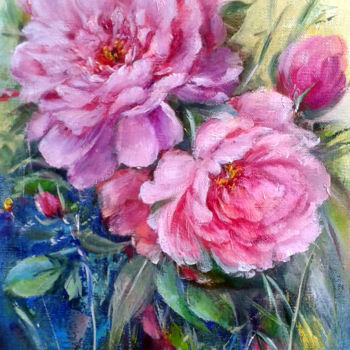 Pittura intitolato "Les roses de juillet" da Chrispaint-Flowers, Opera d'arte originale, Olio