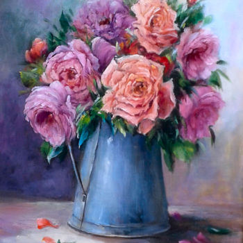 Painting titled "Le pot de roses du…" by Chrispaint-Flowers, Original Artwork
