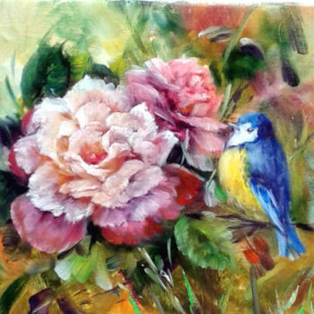 Peinture intitulée "Roses et mésange" par Chrispaint-Flowers, Œuvre d'art originale
