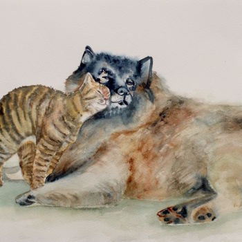 Painting titled "cat and dog" by Agnes Mclaughlin, Original Artwork, Watercolor