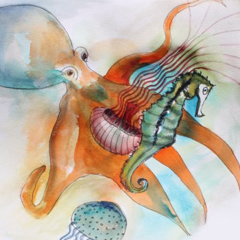 "octopus and sea hor…" başlıklı Tablo Agnes Mclaughlin tarafından, Orijinal sanat, Suluboya