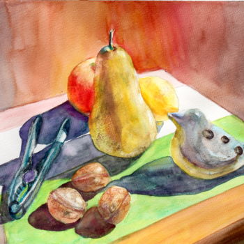 Painting titled "pear-and-nut-craker…" by Agnes Mclaughlin, Original Artwork, Watercolor