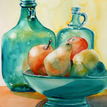 Painting titled "green-bottles-and-f…" by Agnes Mclaughlin, Original Artwork, Watercolor