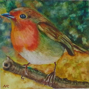 Painting titled "Little robin" by Agnes Mclaughlin, Original Artwork, Watercolor
