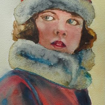 Painting titled "Little girl in wint…" by Agnes Mclaughlin, Original Artwork, Watercolor