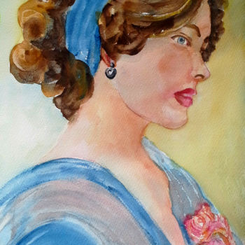 Pintura intitulada "Lady in blue" por Agnes Mclaughlin, Obras de arte originais, Aquarela
