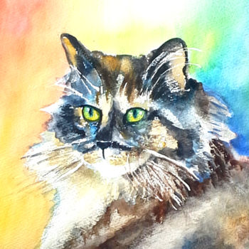 Painting titled "cat with green eyes" by Agnes Mclaughlin, Original Artwork, Watercolor