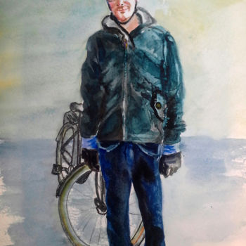 Painting titled "Cyclist" by Agnes Mclaughlin, Original Artwork, Watercolor