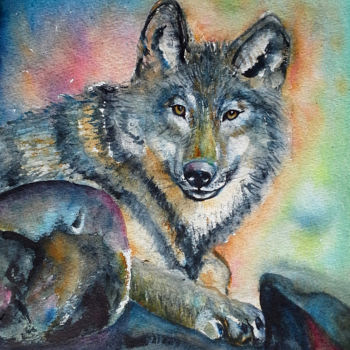 Painting titled "gentle-wolf.jpg" by Agnes Mclaughlin, Original Artwork, Watercolor