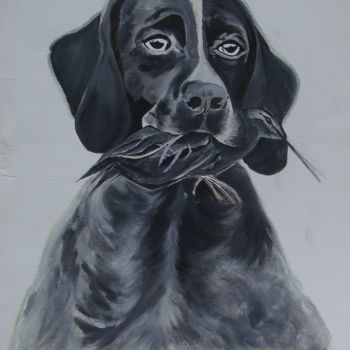 Painting titled "chien tenant une pe…" by Martine Chatain Ottelé, Original Artwork, Oil