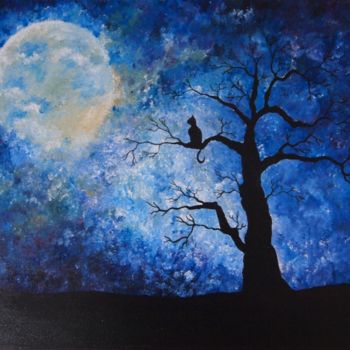 Painting titled "Observando la Luna" by María Del Carmen Pérez, Original Artwork, Acrylic Mounted on Wood Stretcher frame