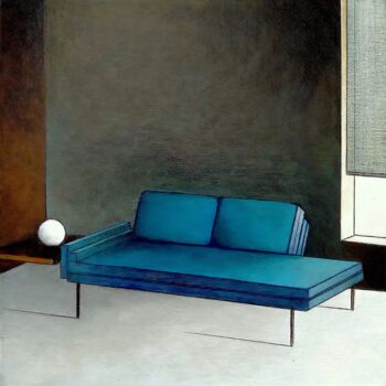 Painting titled "BLUE SOFA" by Mea N. Ambrozo, Original Artwork, Acrylic Mounted on Cardboard