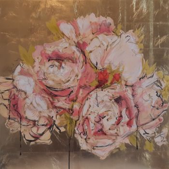 Painting titled "golden roses 1" by Mara, Original Artwork, Lacquer Mounted on Wood Panel