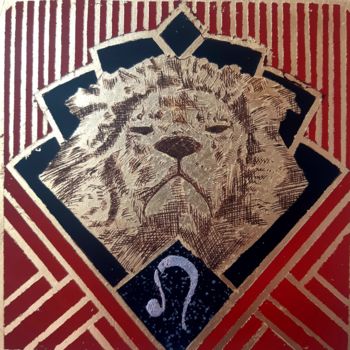Painting titled "Lion" by Mara, Original Artwork, Lacquer Mounted on Wood Panel