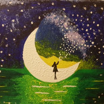 Painting titled "Moonlight" by Madiha Charrada, Original Artwork, Acrylic Mounted on Wood Stretcher frame