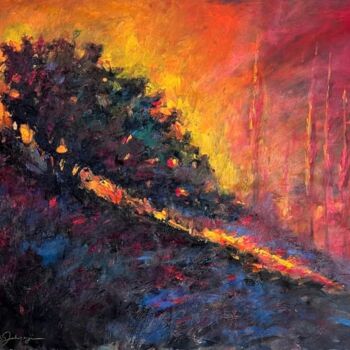 Malerei mit dem Titel "sunset on the hill" von Mehdi Fahraji, Original-Kunstwerk, Öl