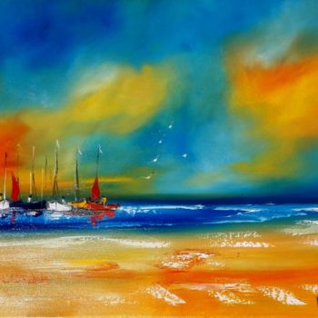 Painting titled "Barques au coucher…" by Mehenni M, Original Artwork, Oil