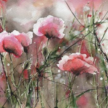 "Pink Poppy Flowers" başlıklı Tablo Melanie Kempkes tarafından, Orijinal sanat, Suluboya