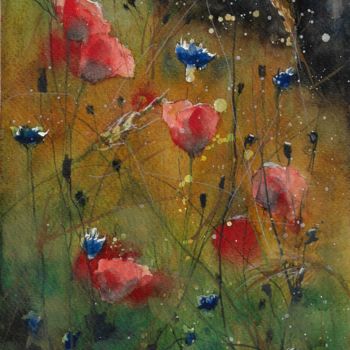 Painting titled "Poppies and Cornflo…" by Melanie Kempkes, Original Artwork, Watercolor