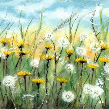 Painting titled "Dandelions" by Melanie Kempkes, Original Artwork, Watercolor
