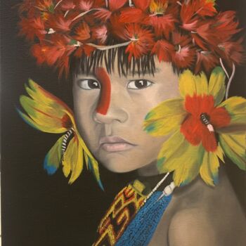 Painting titled "Amérindien" by Mélanie Flamin, Original Artwork, Oil Mounted on Wood Stretcher frame
