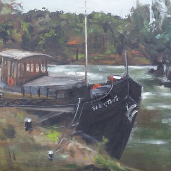 Painting titled "Péniche à Samois" by Melanie Quentin, Original Artwork, Oil Mounted on Wood Stretcher frame