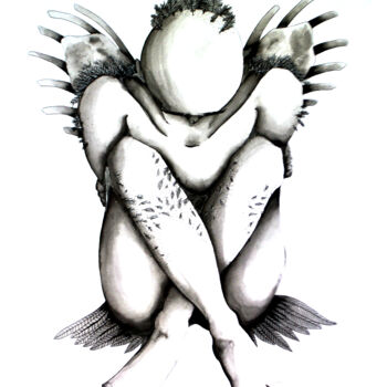 Dibujo titulada "Homo Aves" por Mélissa Leplus, Obra de arte original, Tinta