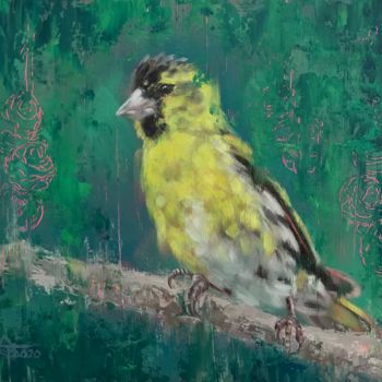 Painting titled "Siskin with Pinecon…" by Melissa Gee, Original Artwork, Oil
