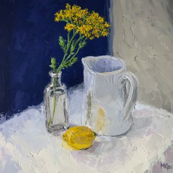 Pintura intitulada "White Jug with Lemon" por Melissa Gee, Obras de arte originais, Óleo Montado em Cartão