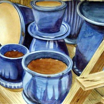 Painting titled "Blue Pots" by Marsha Elliott, Original Artwork